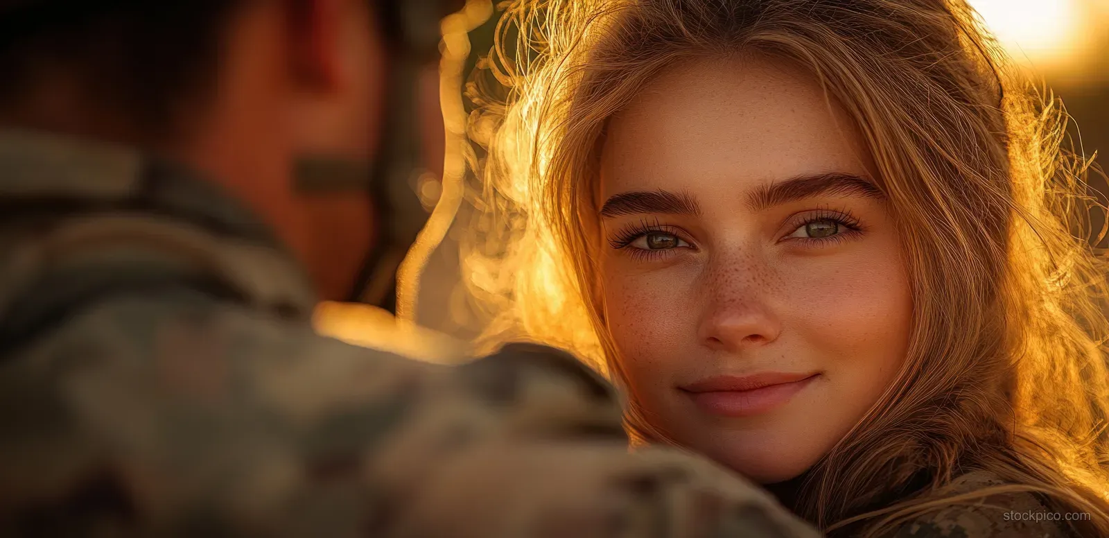 A soldier in camouflage embraces a smiling daughter as golden hour light glows behind them.