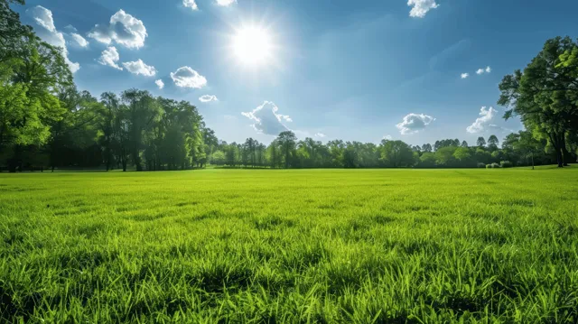 Spring meadow panorama with sunlit green grass, distant trees, and bright blue clouded sky