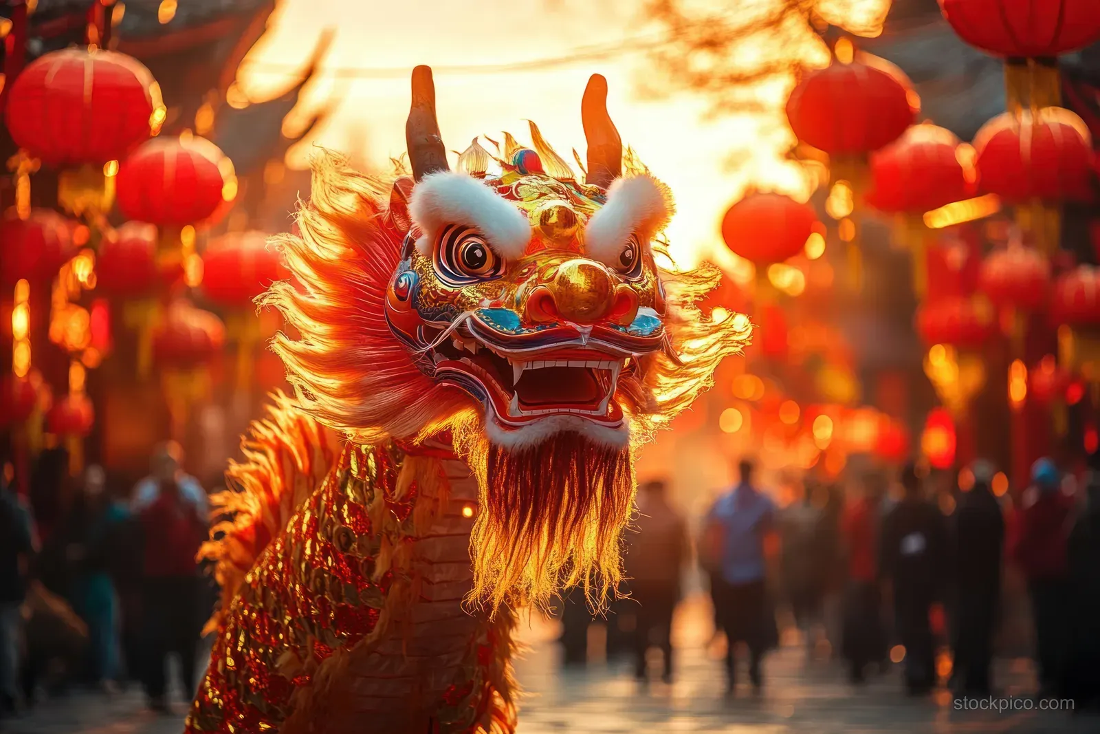Lion dance head with bright decorations advances through Chinatown streets beneath glowing red lanterns at night.