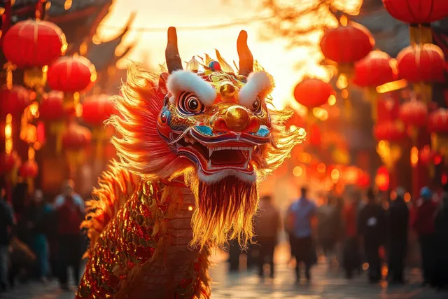 Chinese New Year lion dance performer in Chinatown streets under glowing red lanterns at night