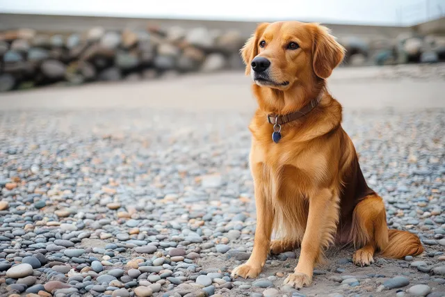 Golden retriever sits attentively on a pebble beach with a stone wall and bright sky behind it.
