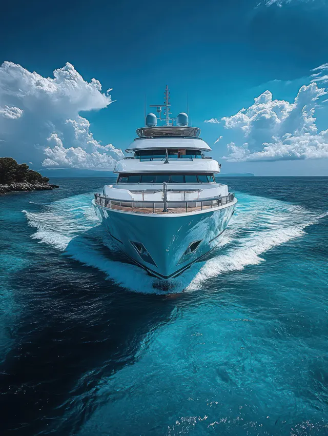 A white luxury yacht cruises across clear blue ocean water leaving a bow wake under scattered clouds.
