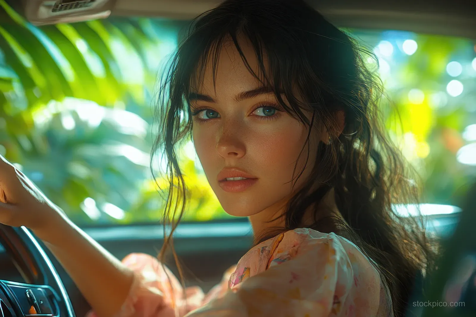 Young woman driving and tapping the car’s touchscreen to select a music playlist while greenery blurs outside.
