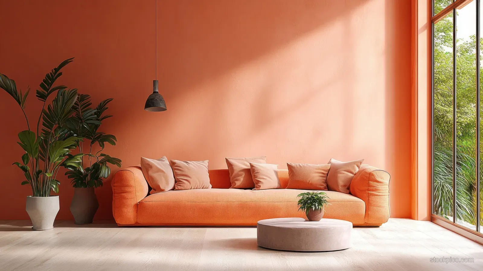 Orange minimalist sofa with peach walls, potted plants, and warm sunlight streaming through a large window.