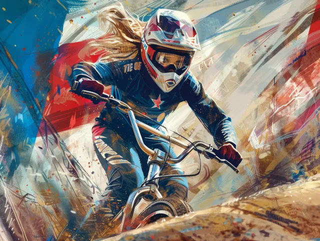 A French BMX rider launches off a dirt ramp midair with dust and dynamic motion blur behind.