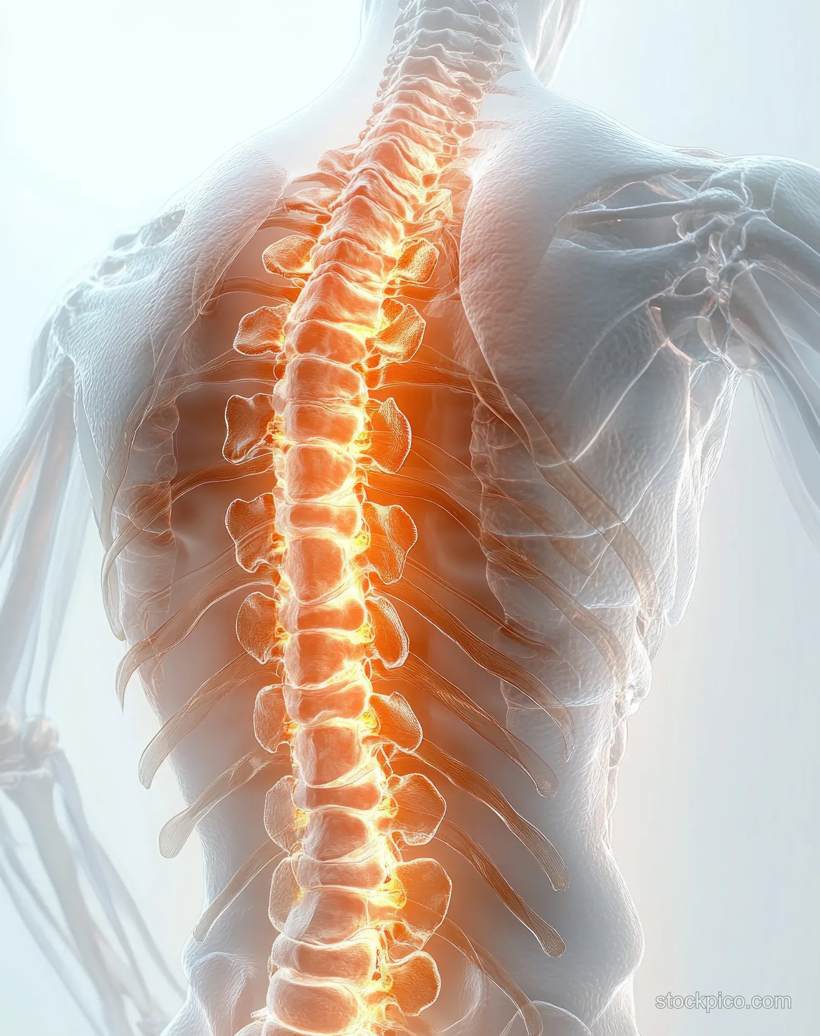 Translucent 3D torso with glowing spine and visible ribcage and vertebrae, viewed from the back.