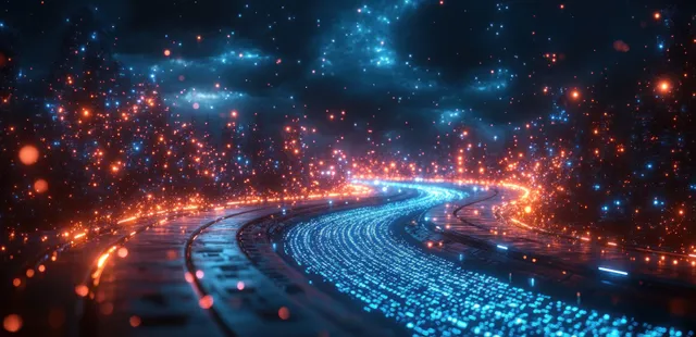未来感霓虹道路在夜晚的赛博朋克数字景观中流淌，伴随着发光的蓝色二进制代码。