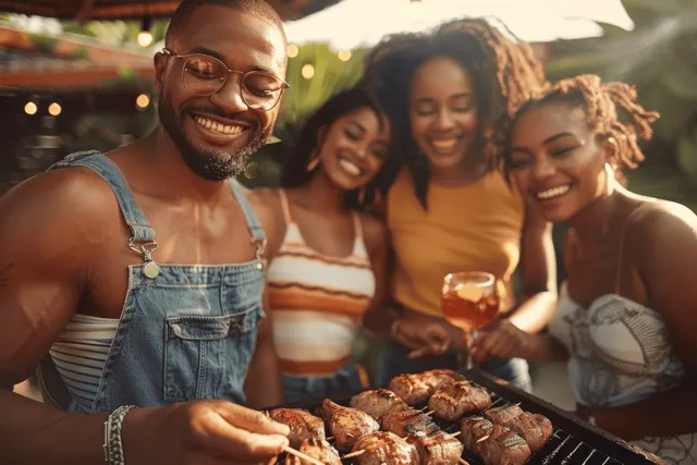 Friends gather by a backyard grill, smiling as grilled steak is served during a sunny summer barbecue.