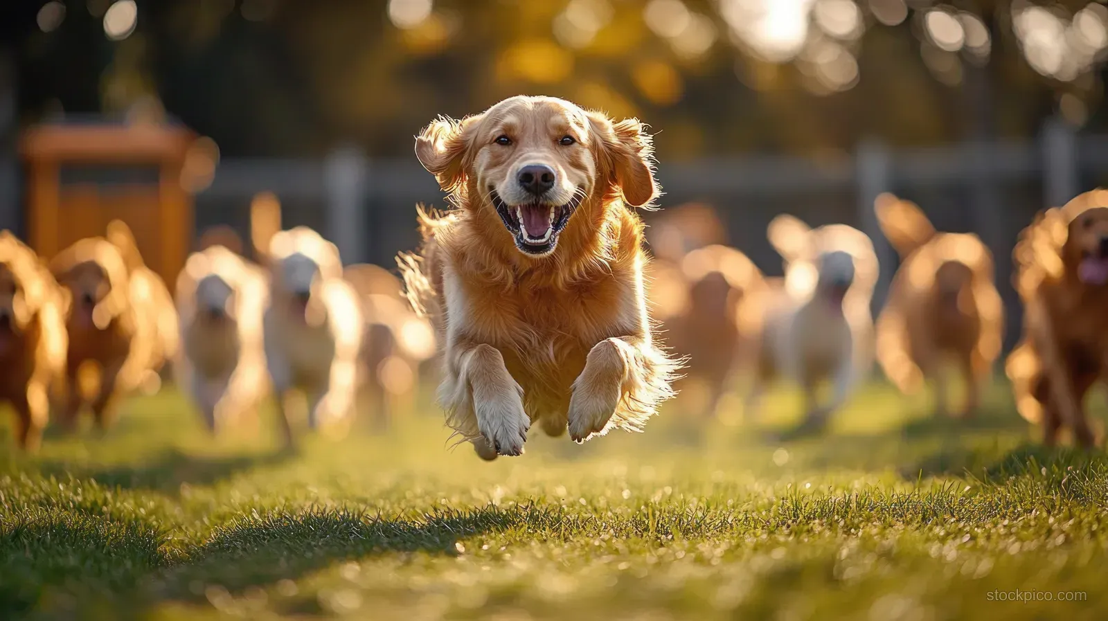 Golden retriever sprinting toward the camera on a sunny grassy field with other dogs blurred behind.