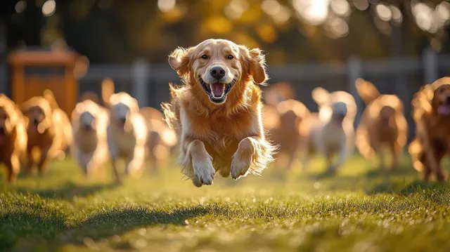 Golden retriever sprinting toward the camera on a sunny grassy field with other dogs blurred behind.