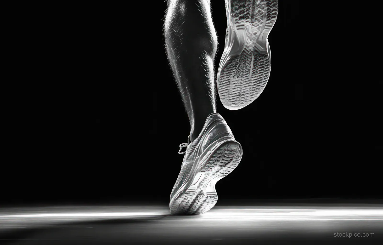 Black and white close-up of a runner’s athletic shoes mid-stride with flexing calf muscles against a dark background.