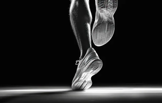 Black and white close-up of a runner’s athletic shoes mid-stride with flexing calf muscles against a dark background.
