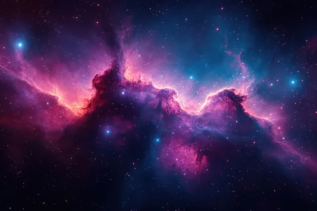 Glowing purple and pink nebula clouds with bright stars stretch across a dark deep-space background.