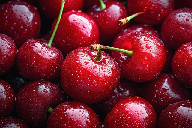 Pile of red cherries covered with water droplets, showing glossy ripe skin close-up.