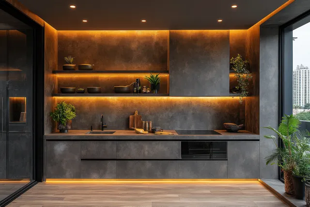 Minimalist 3D kitchen interior with an empty wall, countertop, cabinetry, plants, and warm lighting.