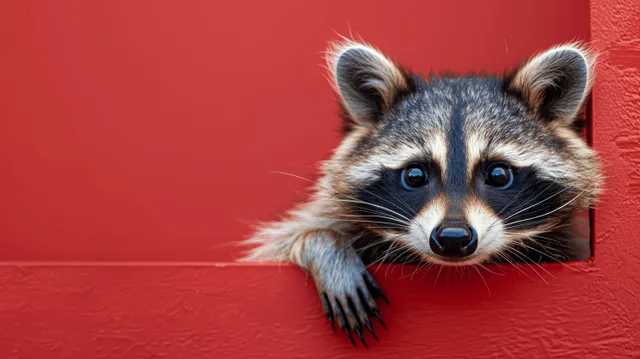 A raccoon peeks out from behind a red wall, showing its masked face, whiskers, and alert eyes.