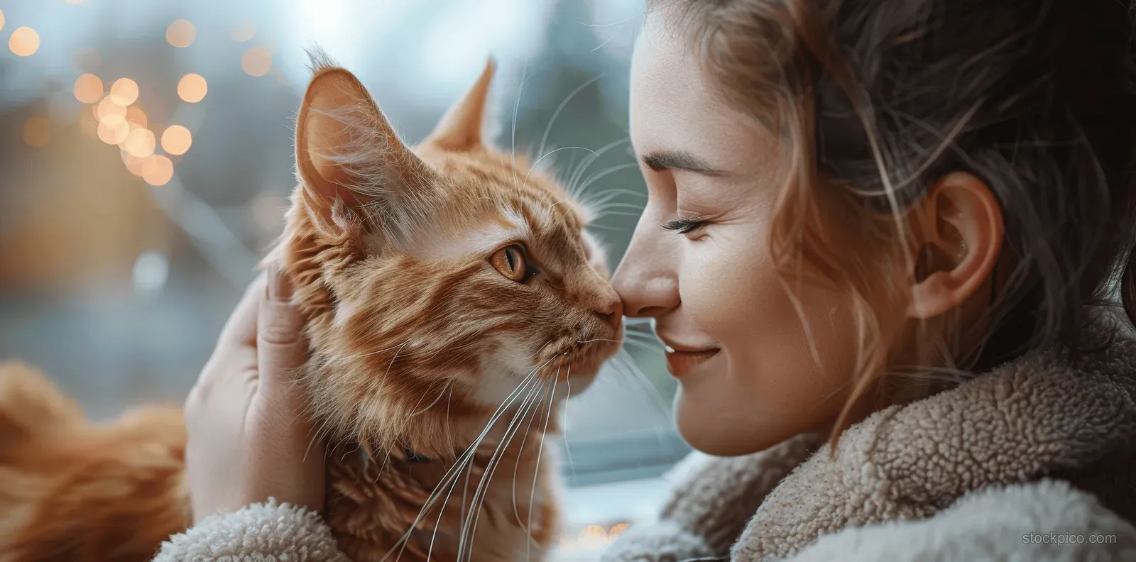 A woman and her ginger cat touch noses while cuddling on a cozy blanket indoors.