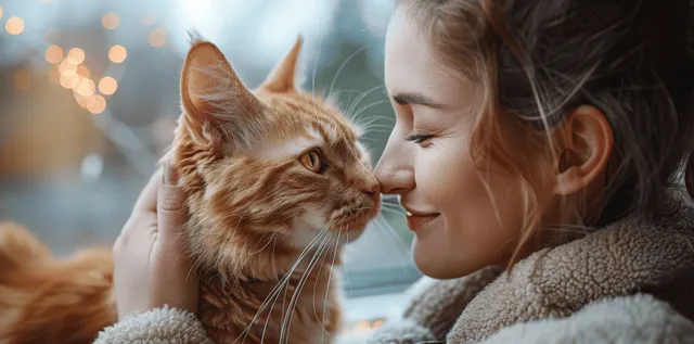 A woman and her ginger cat touch noses while cuddling on a cozy blanket indoors.