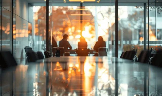 Office conference room meeting silhouettes reviewing ideas around a glossy glass table