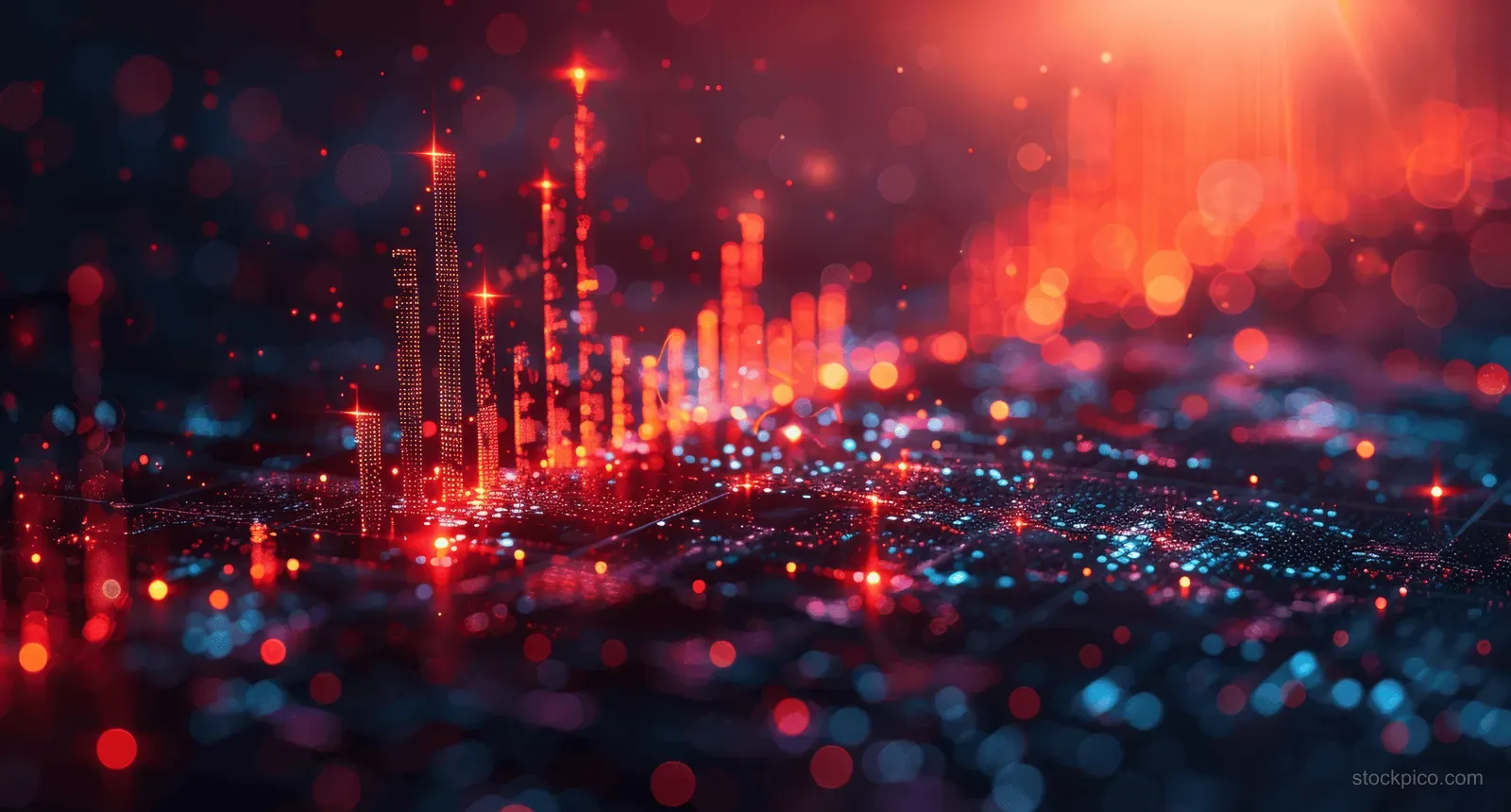 Glowing red stock market chart with rising trend lines over a dark digital background of trading data lights.