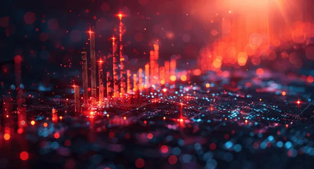 Red stock market chart with rising trend lines over dark digital finance background