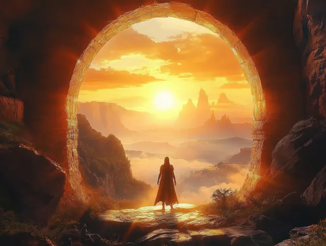 Silhouetted lone traveler stands beneath a glowing stone archway at sunrise over misty mountain peaks.