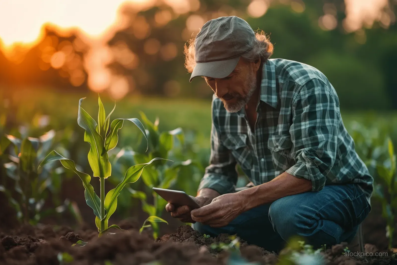 A farmer kneels in a green corn field at sunset, using a tablet to review crop data.