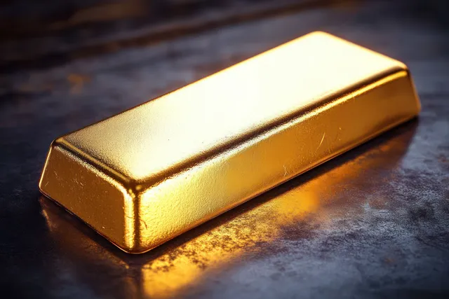 A shiny gold bar rests on a dark textured surface with warm light reflections.