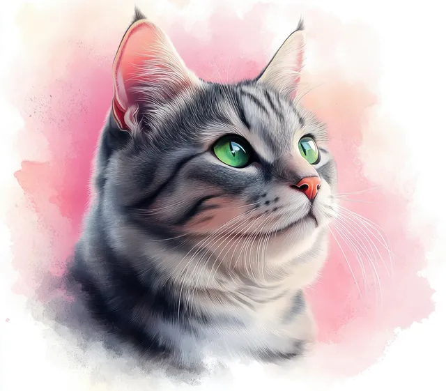 Silver tabby cat portrait with vibrant green eyes gazing forward on a pastel pink watercolor background.