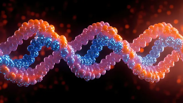 Glowing double helix DNA strand with blue and orange spheres floating on a dark background.