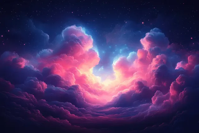 Starry night sky with towering pink purple and blue glowing clouds swirling around a luminous center.