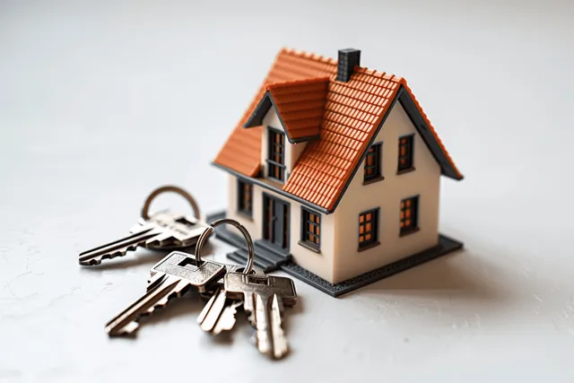 House key set held beside miniature home model on clean white background concept