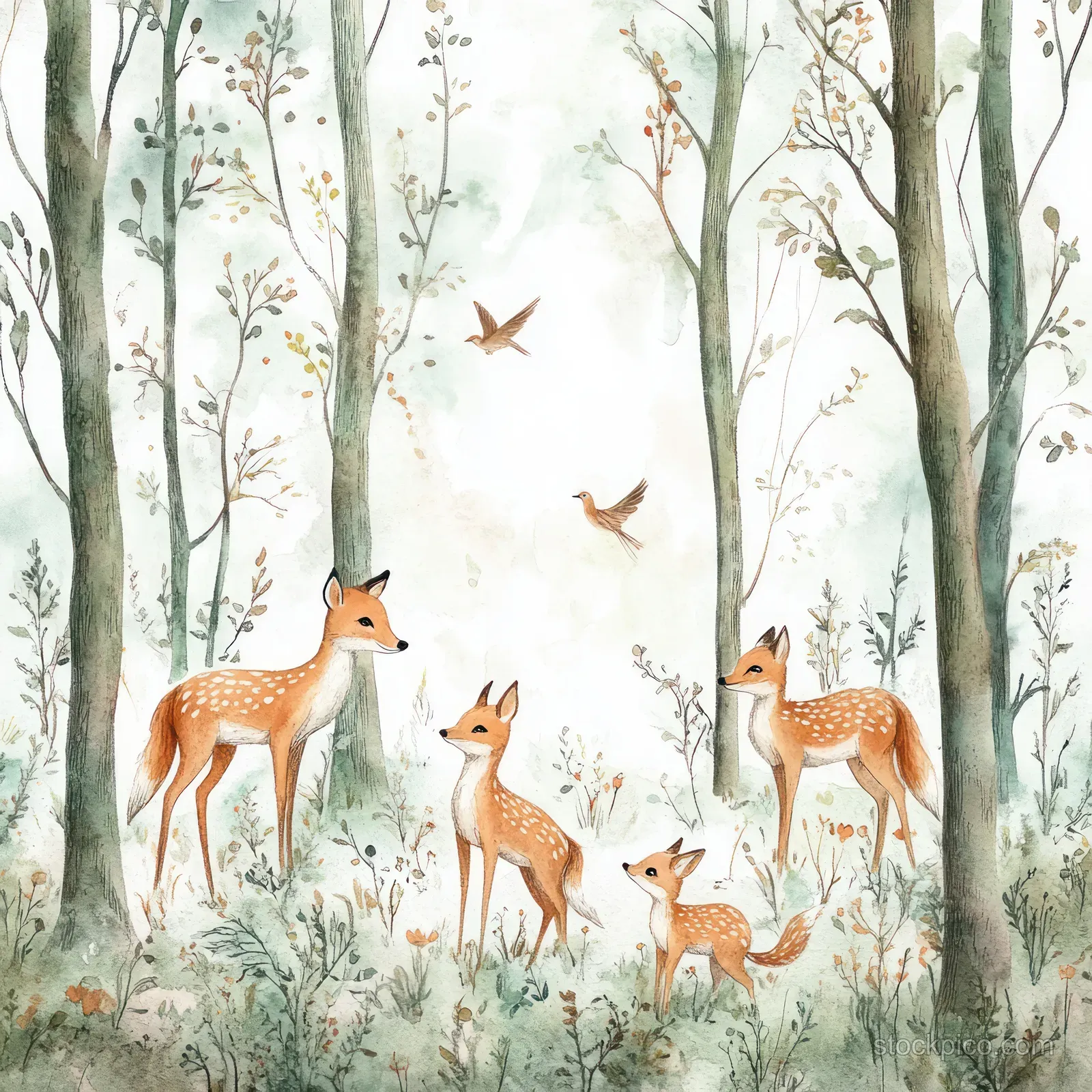 Watercolor forest pattern with deer and foxes in a misty woodland, with birds flying and leaves drifting between trees.