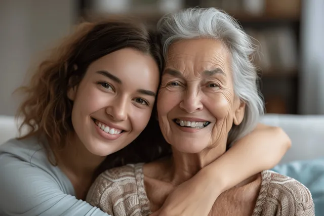An adult daughter hugs her elderly mother on a sofa in a cozy living room.