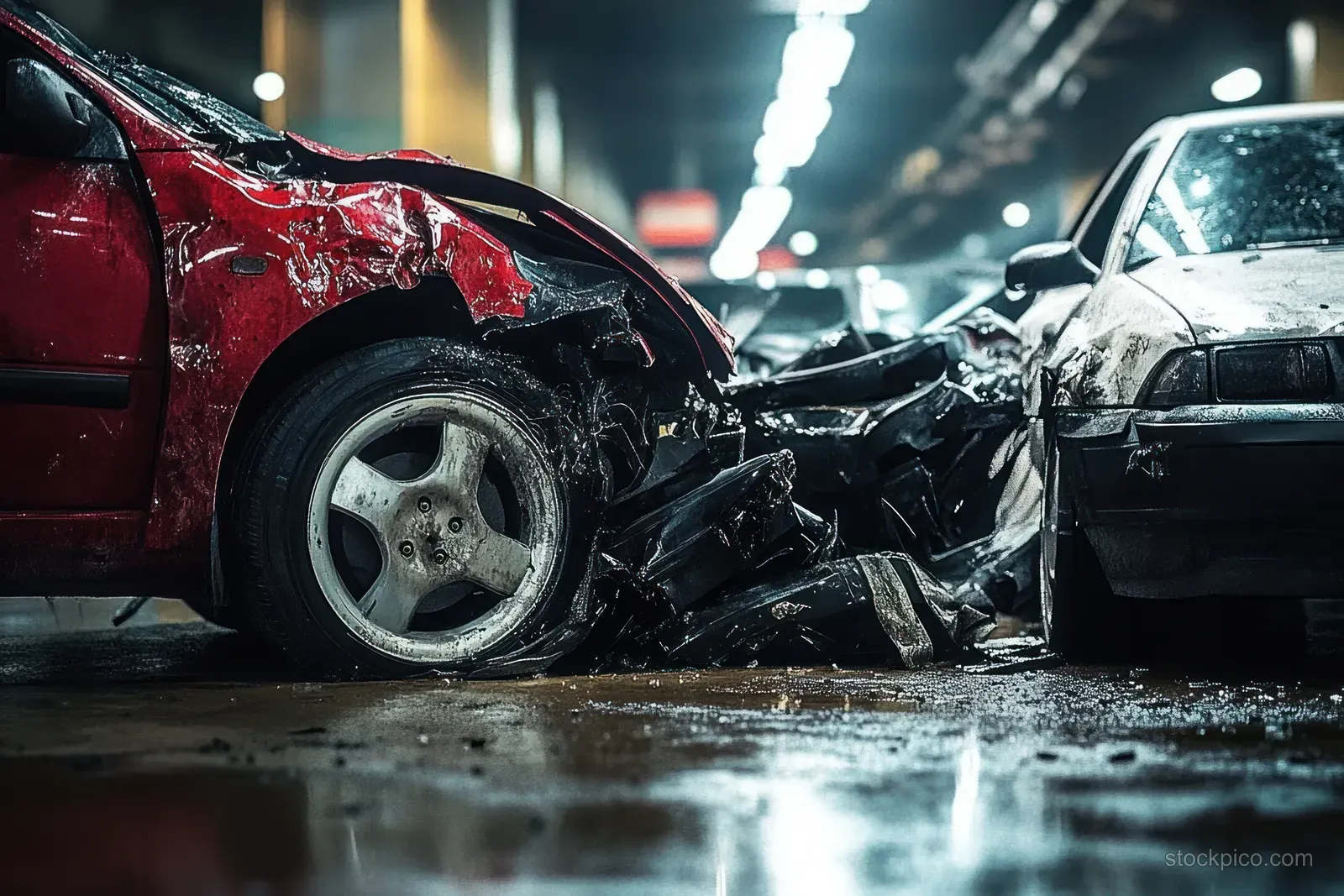 A red and white car after a head-on crash in an underground garage with debris and wet floor under bright lights.
