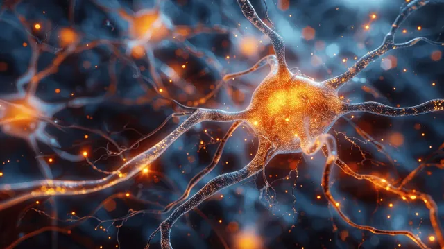 Glowing neuron cells connecting across a dark microscopic neural network