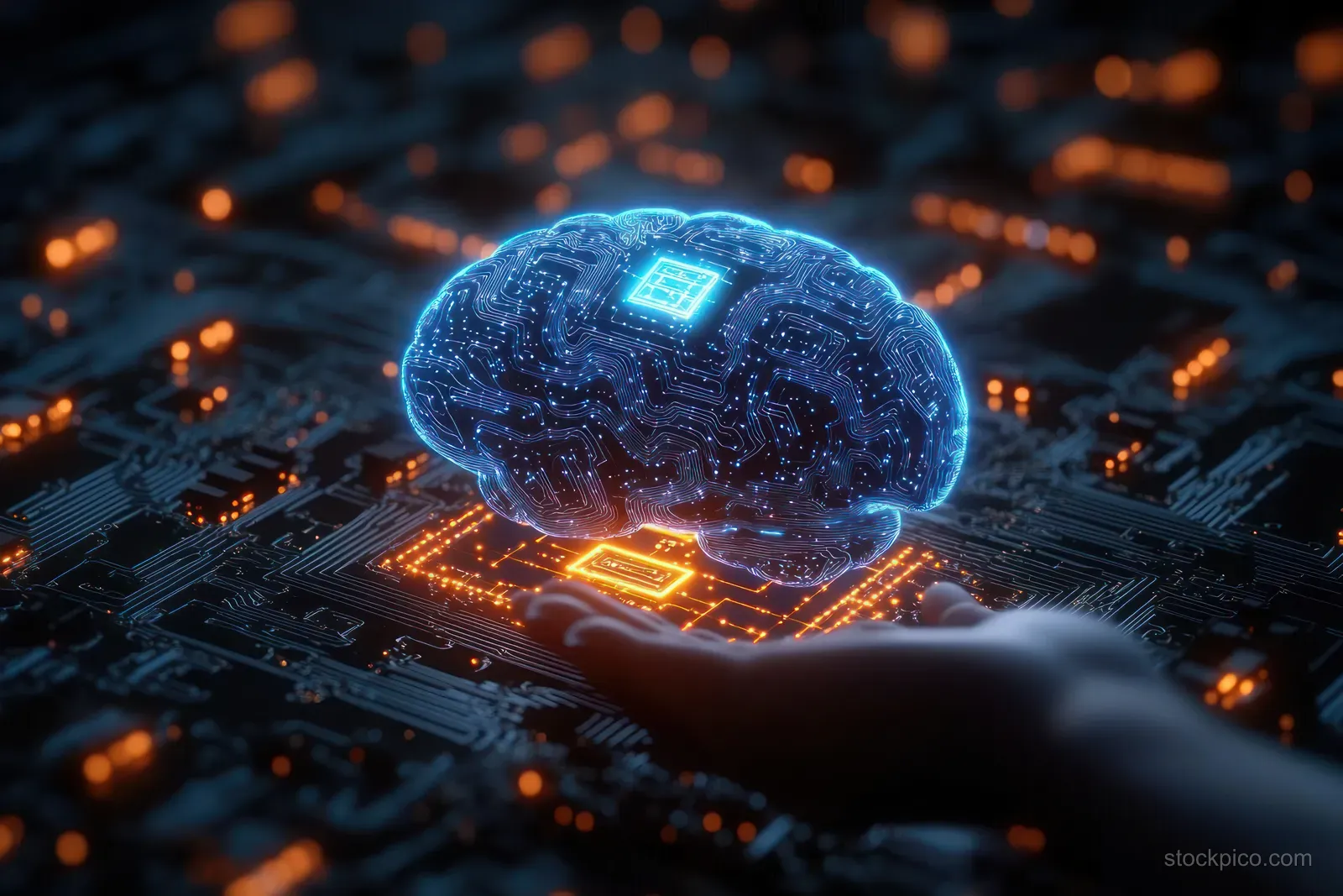 A holographic brain glows above a human hand over an illuminated circuit board background.