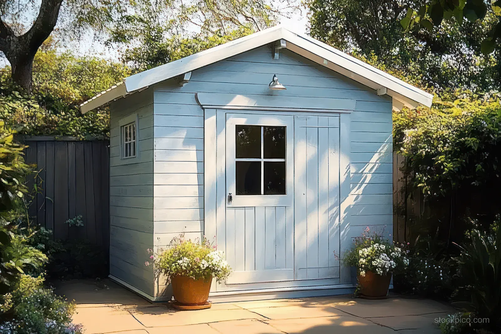 Light blue wooden garden shed with door and window surrounded by potted flowering plants in bright sunlight.