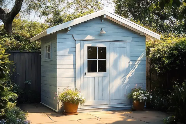 Small light blue wooden garden shed with door and window surrounded by flowering potted plants