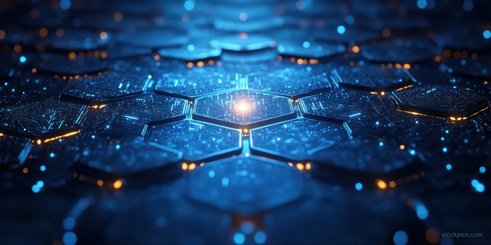 Glowing hexagonal medical network pattern with blue nodes and molecular light trails in a dark background.