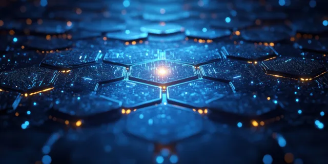 Glowing hexagonal medical network pattern with blue nodes and molecular light trails in a dark background.