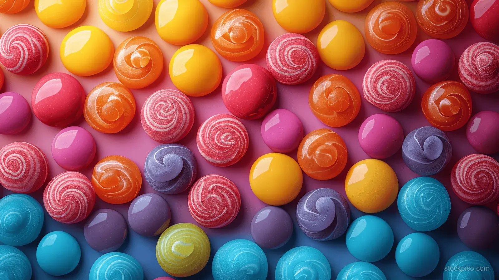Colorful jellybeans and spiral swirled candies tightly packed together in a vibrant assortment.