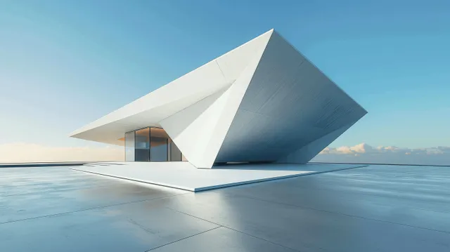 Futuristic minimalist building with a triangular roof rests on a concrete terrace beside calm blue water.