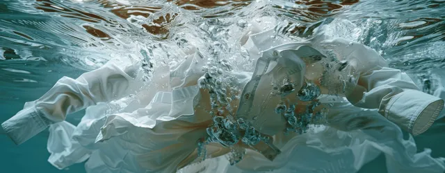 Underwater view of a white shirt splashing through water with detergent foam and bubbles around it.