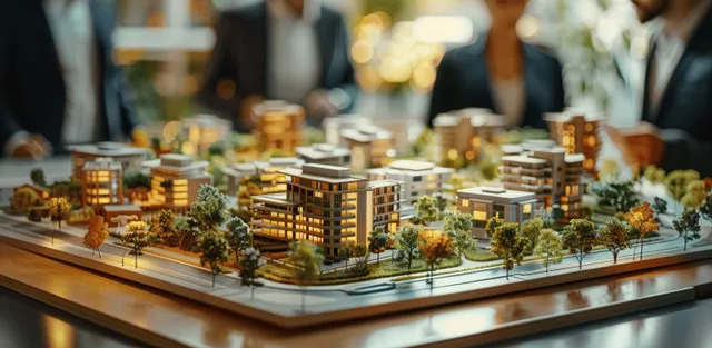 Architects study a detailed city scale model with residential blocks and office towers on a desk in warm light.