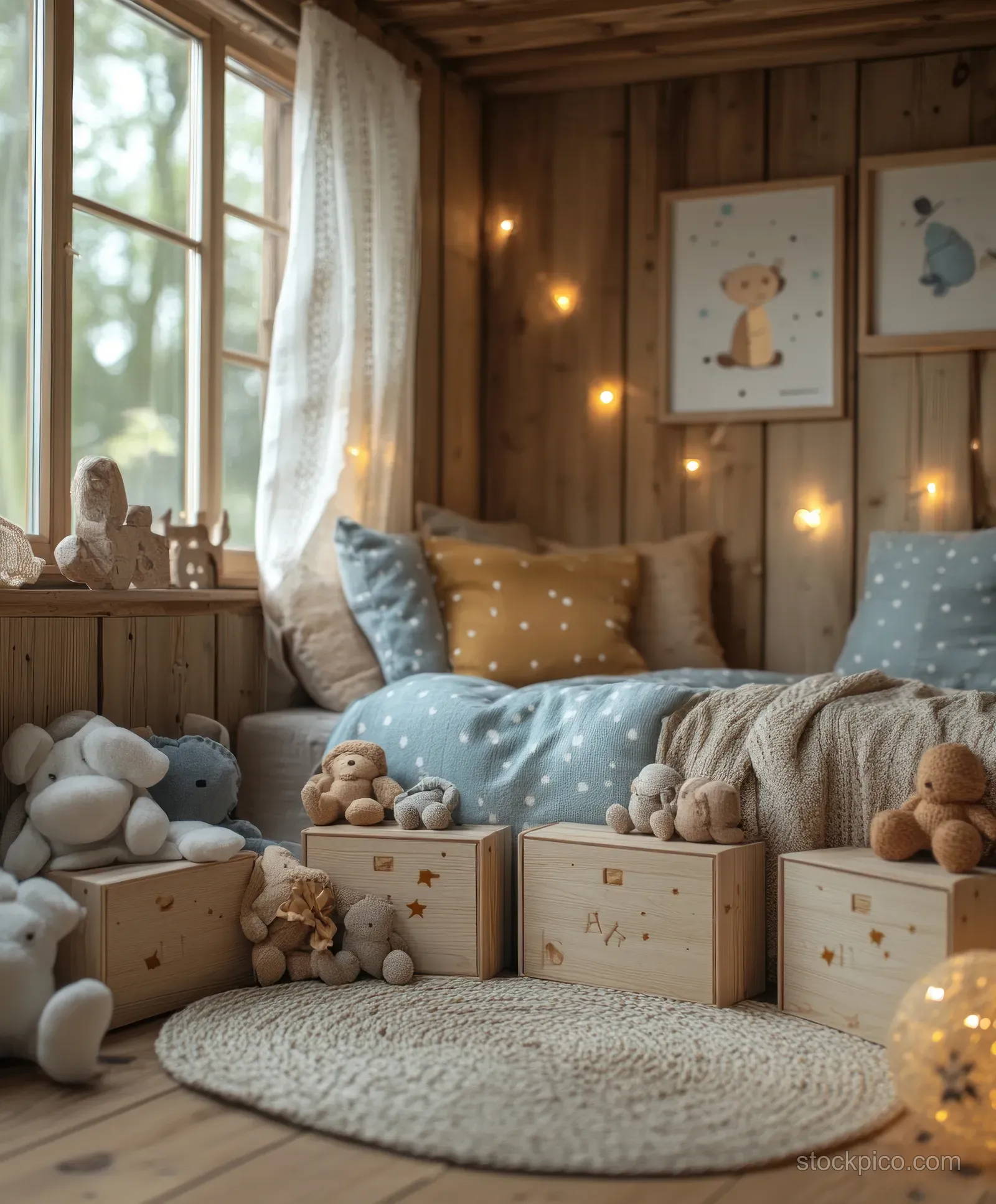 Cozy Scandinavian children’s bedroom with pastel toy boxes, a bed with pillows, framed animal wall art, and warm string lights.