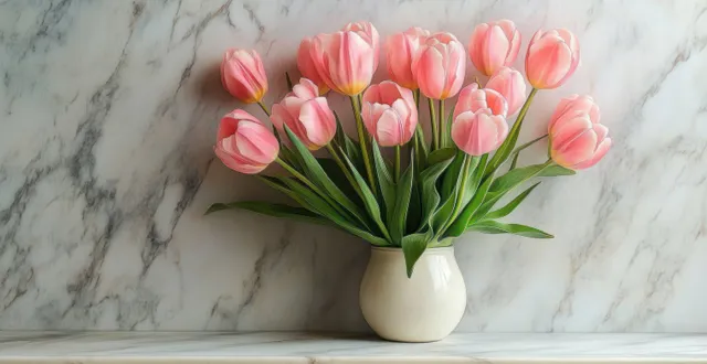Soft pink tulips in a white ceramic vase on marble shelf, calm spring still life
