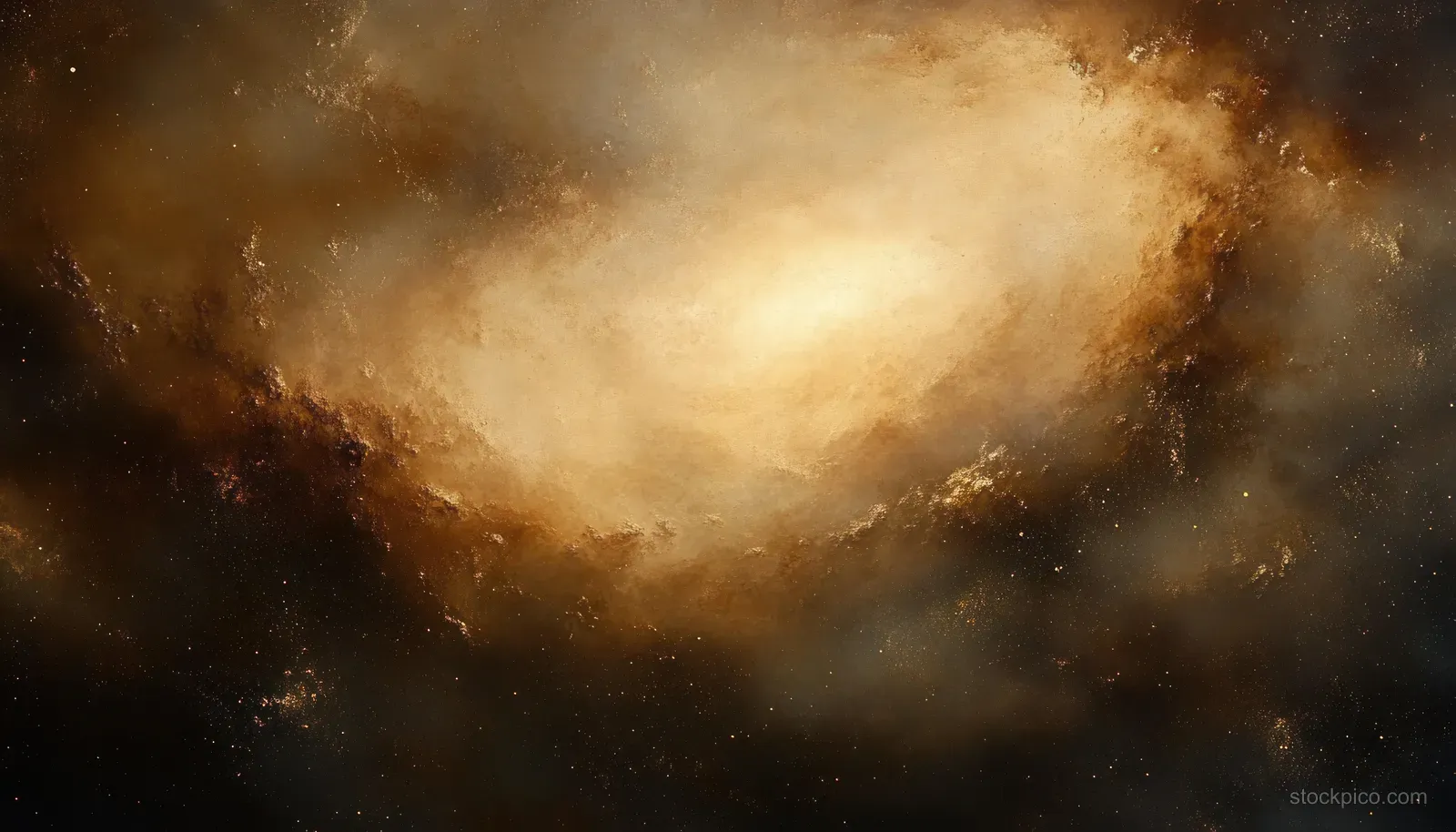 A bright glowing cosmic center surrounded by golden-brown and black nebula clouds with scattered sparkling stars.
