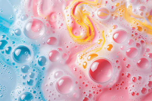 Pastel soap foam covers a glossy surface with many colorful water bubbles and swirls.