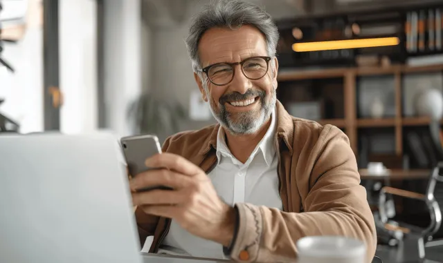 Smiling middle-aged man using a smartphone at his desk beside a laptop in office